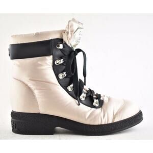 Chanel 18B Pink Black Nylon CC Logo Coco Neige Snow Winter Lace Up Tie Boots 42
